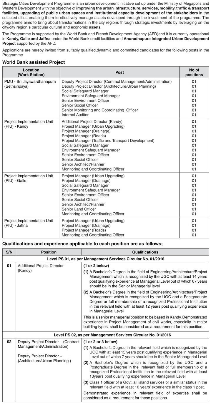 Deputy Project Director, Additional Project Director, Project Manager, Social Safeguard Manager, Environment Safeguard Manager, Environment Officer, Social Officer, Architect/Planner, Monitoring & Coordinating Officer, Land Officer, Internal Auditor - Ministry of Megapolis & Western Development